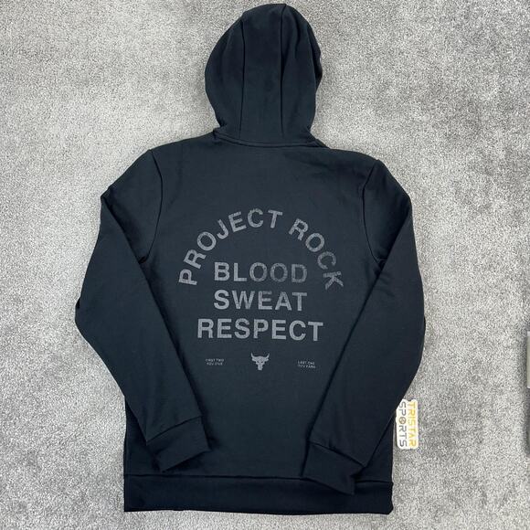 Under Armour Project Rock Hoodie Mens Small Black Rival Fleece Pullover Graphic - Picture 1 of 13